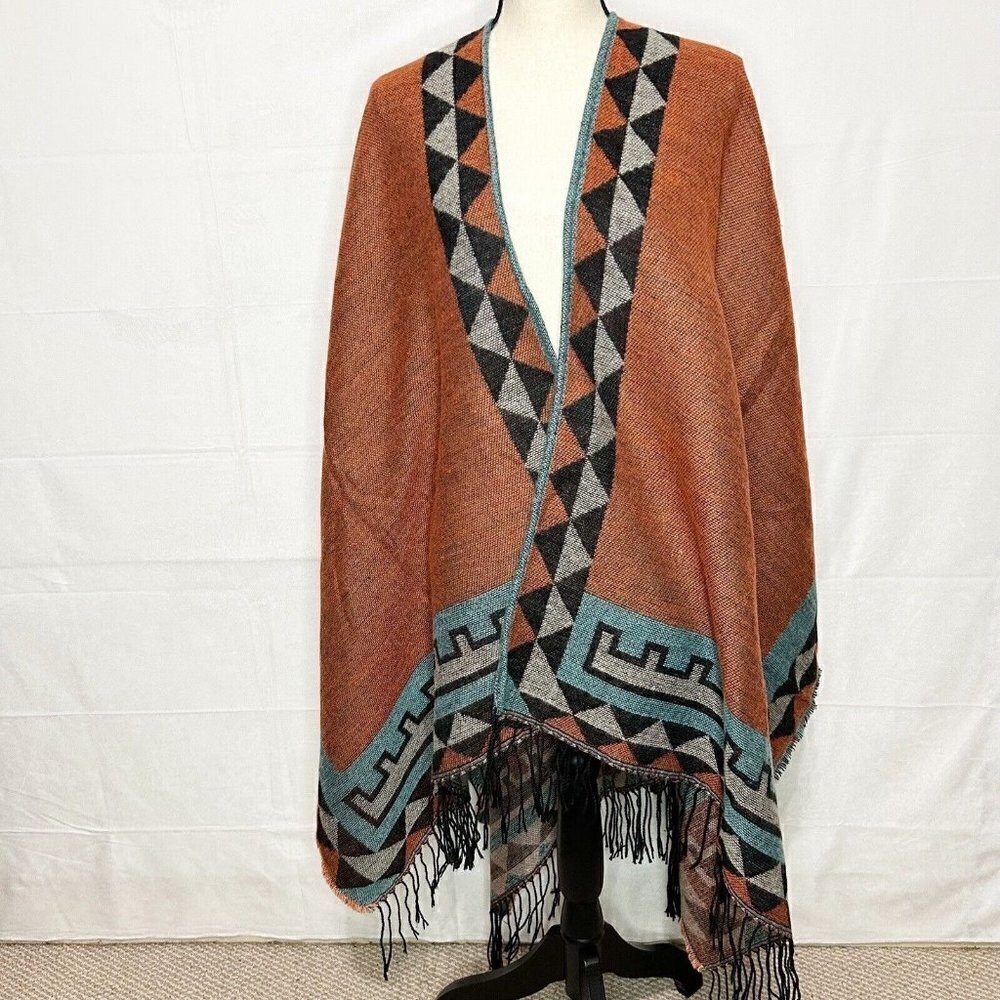 NWT Hang Zhou Lan Sweater Poncho One-Size Aztec Design Open-Front Fringe